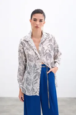 Sateen Desenli Saten Gömlek - Ekru