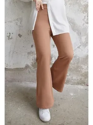 InStyle Yüksel Bel İspanyol Paça Duble Kumaş Pantolon - Camel