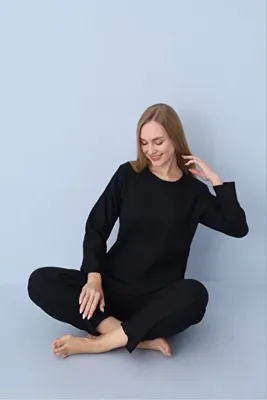PİJART Siyah Fitilli Örme Pijama Takımı