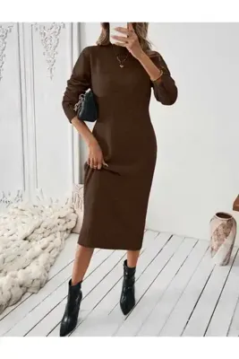 Bracha Yarım Balıkçı Yaka Rahat Kalıp Uzun Kollu Midi Boy Triko Elbise
