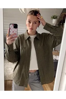 Toum Haki Oversize Ekose Desenli Oversize Gömlek