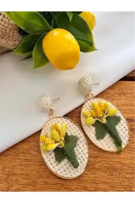 Pelin Aksesuar Sarı Çiçekli Hasır Küpe