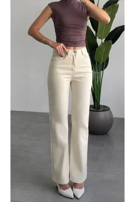 asfamoda Kadın Krem Yüksek Bel Wide Leg Düz Kesim Denim Pantolon Bol Paça Kot Pantolon