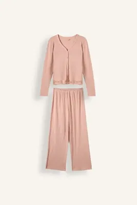 DeFacto %100 Pamuk Regular Fit V Yaka Fitilli Dantel Detaylı Pijama Takımı I4236AX26AU