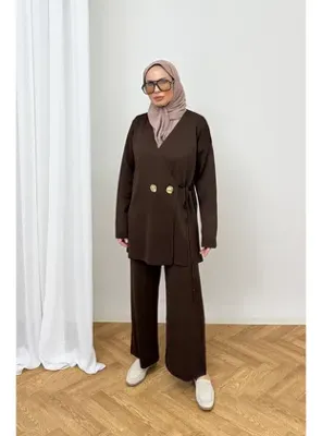 Melike Tatar Düğmeli Triko Takım 87-25310 KAHVERENGİ