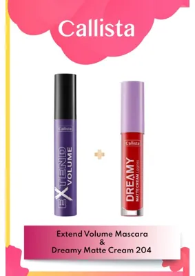 Callista Extend Volume Maskara Siyah & Dreamy Matte Cream Lipgloss 204 Hot Girl Check - Kırmızı Makyaj Seti