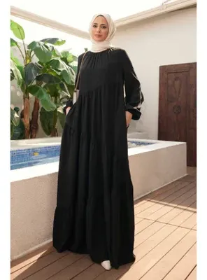 Neways 6614-Denim Büzgülü Tensel Elbise Siyah