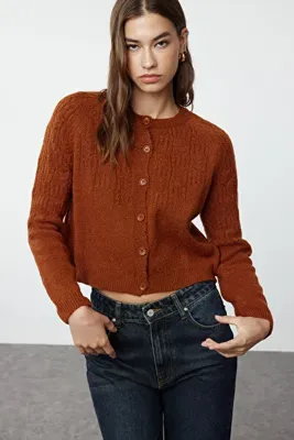 TRENDYOLMİLLA Tarçın Yumuşak Dokulu Ajurlu/Delikli Crop Triko Hırka TWOAW21HI0020