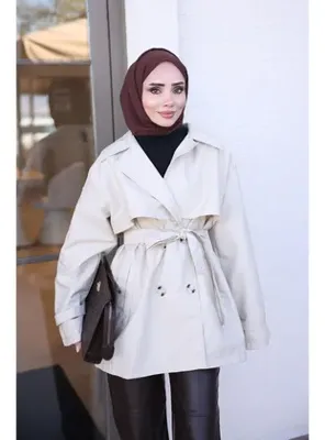 İmaj Butik Bej Alerli Kemerli Astarlı Kısa Trençkot