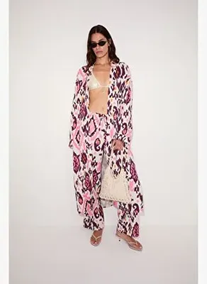 Grimelange NARVENA Kadın Keten Karışımlı Baskı Detaylı Rahat Kalıp Pembe Baskılı Kimono