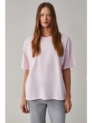 Grimelange LAGERTHA Kadın %100 organik Pamuklu Kalın Dokulu Oversize Fit Yuvarlak Yakalı AÇIK PEMBE T-Shirt