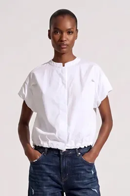 LA PANTE Kadın Gömlek Kısa Kollu Oversize Gömlek Crop Bağlamalı Gömlek Pamuk Bol Dik Yaka Rahat Gömlek Bluz Beyaz