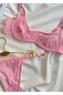 ROZENİN LINGERIE Pembe Basic Tül Balenli Rahat Kesim Tanga Hediyeli Sütyen İç Çamaşır Takımı