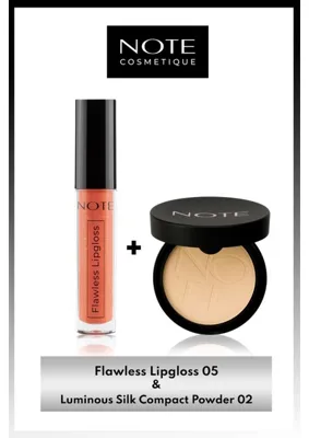Note Cosmetics Flawless Lipgloss 05 - Turuncu & Luminous Silk Compact Pudra 02 Natural Beige Makyaj Seti