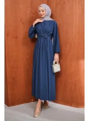 İmaj Butik Lacivert Bel Bağlamalı Piliseli Elbise