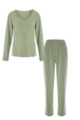 koza iç giyim Kadın Yumuşak Dokulu Fitilli Süs Dikişli Soft Touch Pijama Takımı