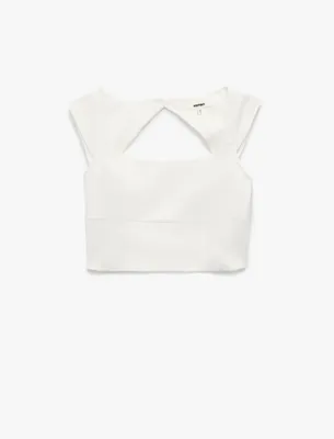 Koton Arkası Pencere Detaylı Kare Yaka Kolsuz Keten Crop Bluz