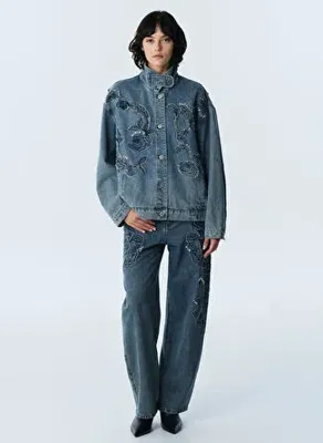 Twist Mavi Kadın Oversize Nakışlı Denim Ceket TW6260005113089