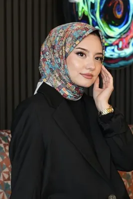 AFVENTE Geometrik Desen Mavi Soft Pamuk Eşarp