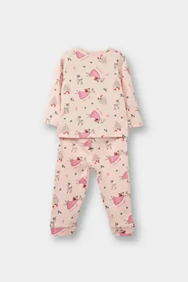 DeFacto F0642A5PN127 Pembe Kız Bebek Pijama Takımı Yılbaşı Temalı Uzun Kollu Üst Uzun Alt