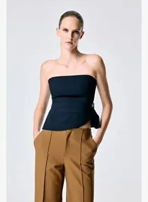 adL Lacivert Drape Detaylı Asimetrik Bluz