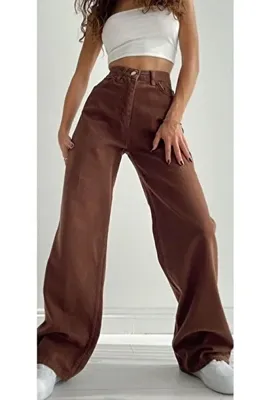 Shield Life Kahve Palazzo Straight Baggy Kot Kadın Pantolon
