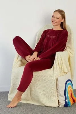 Fulla Moda I Love Winter Kabartma Baskılı Kadife Pijama Takımı