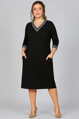 Curvy Trend Büyük Beden Yaka ve Kol Ucu Şerit Uzun Kol Viskon Elbise