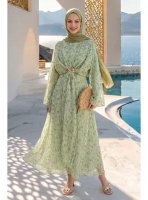 InStyle Bolerolu Tokalı Çiçek Desen Mint Yeşili Elbise