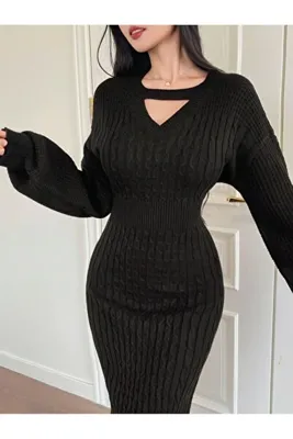 SAYZEN YOUR SHİNE choker yaka saç örgü desenli balon kol kadın triko elbise