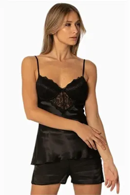 Pierre Cardin Saten Dantelli Şort - Babydoll Takım - 425 Siyah