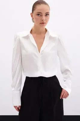 Sateen Vatkalı Saten Gömlek - Ekru