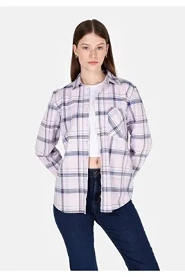 Colins Regular Fit Shirt Neck Ekoseli Kadın Pembe Uzun Kol Gömlek