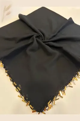 KB Bursa İpek El Oyalı Gold Sarı Pullu Düz Renk Yazma Hediyelik Çeyizlik 100x100cm