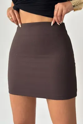 CrepTekstil Crep Kadın Taş Detaylı Mini Etek Yüksek Bel Şık Esnek Kalem Etek