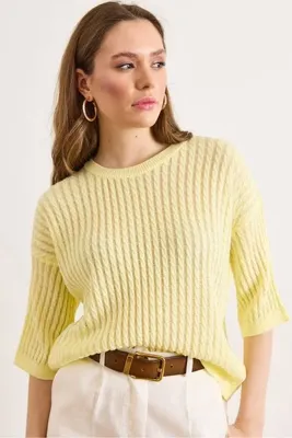 Olalook Kadın Sarı Saç Örgü Ajurlu Loose Fit Mevsimlik Triko Bluz BLZ-19003225