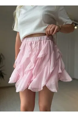 Store Pembe Volan Detaylı Astarlı Mini Etek