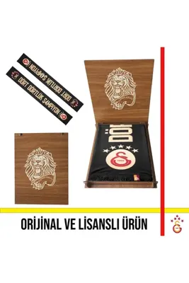Galatasaray Lisanslı 26 Şampiyonluk Siyah Atkı ve Aslan Ahşap Kutulu