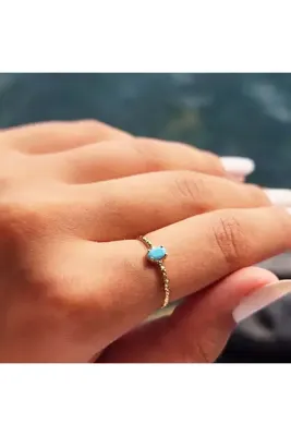 FasekGold Gümüş Yüzük - 0.50CT Firuze Taşlı Dövülü Eskitme Tektaş Gümüş Yüzük - Hediye Gümüş Eskitme Yüzük