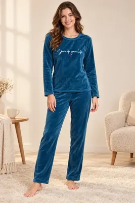 CottonVia Kadife kumaş, Kadın Pijama Takımı, %100 Pamuk, Uzun Kollu, Bisiklet Yaka, Cepsiz, Petrol Mavisi