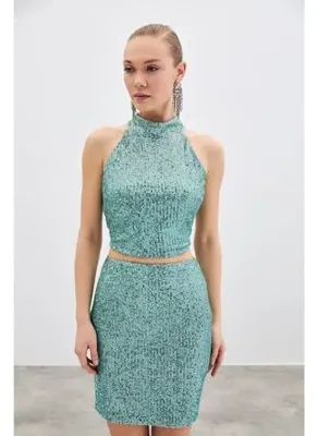 Sateen Kolsuz Payetli Bluz - Mint