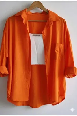 blackbonds Kadın Keten turuncu Gömlek Yazlık Oversize Gömlek Yeni Sezon
