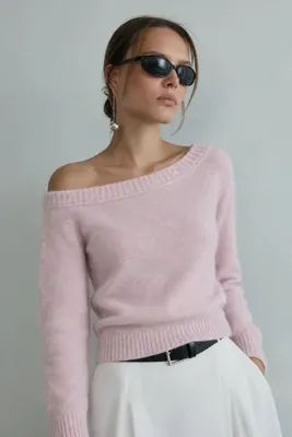 Yefrastore Kadın Toz Pembe Kayık Yaka Yumuşak Dokulu Triko Kazak