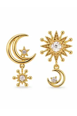 afroditgold Gold Renk Taşlı Ay Yıldız Güneş Model Asimetrik Sallantılı Kadın Küpe