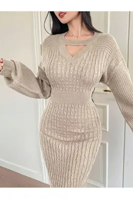 SAYZEN YOUR SHİNE choker yaka saç örgü desenli balon kol kadın triko elbise