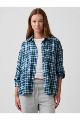 GAP Kadın Mavi Flannel Oversized Gömlek