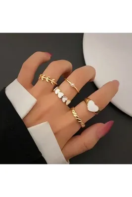 perry accessories 5 Adet Yüzük Seti Mineli Eklem Yüzük Seti Kadın Gold Yüzük Seti Ayarlanabilir Incili Yüzük Seti-107