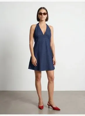 Dilvin 90585 %100 Pamuk Boyundan Bağlamalı Denim Elbise