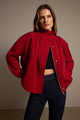 TRENDYOLMİLLA Kırmızı Oversize Dik Yakalı Keten Görünümlü Bomber Mont TWOSS26MO00026