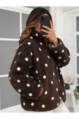 FioriModa Kadın Kahverengi Beyaz Puantiyeli Peluş Ceket Fermuarlı Dik Yaka Cepli Oversize Yumuşak Dokulu Polar
